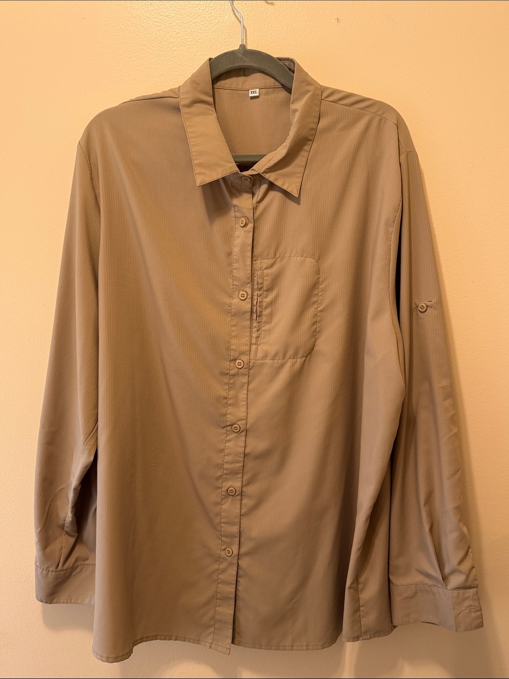 Women's Long-Sleeve Button-Up Shirt with roll-tab sleeves in Taupe